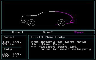 Car Builder (DOS) screenshot: Building a new body