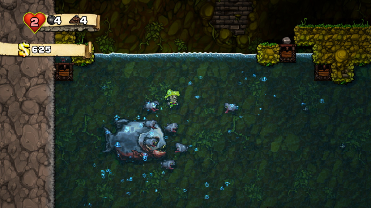 Spelunky (Windows) screenshot: Lake of piranhas and Old Bitey