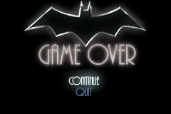 Batman: Vengeance (Game Boy Advance) screenshot: Game Over screen.