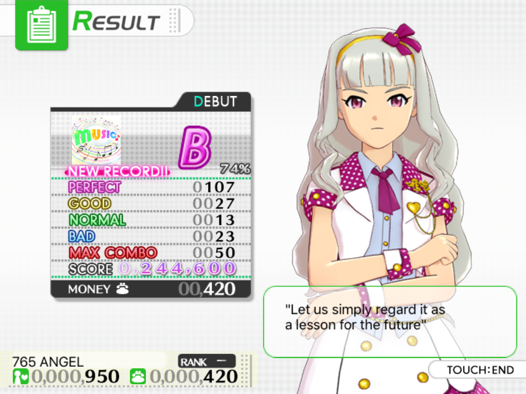 The iDOLM@STER: Shiny Festa - Melodic Disc (iPad) screenshot: Takane isn't too happy with how I did...