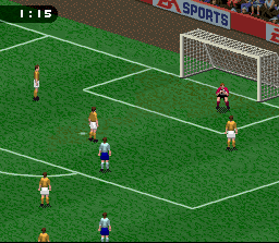 FIFA Soccer 96 (SNES) screenshot: The goalie just made a save