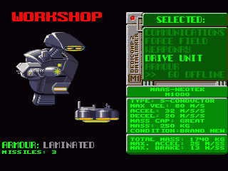 Universal Warrior (Amiga) screenshot: The robot chassis can be equipped in five categories. We’re changing the drive.