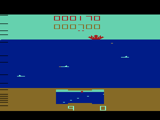 Deep Scan (Atari 2600) screenshot: Subs going by. I'm trying to drop a depth charge on the one on the right.