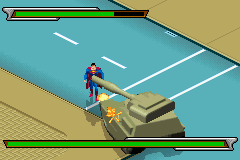 Superman: Countdown to Apokolips (Game Boy Advance) screenshot: First boss battle: Superman vs a tank