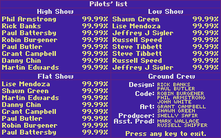 Blue Angels: Formation Flight Simulation (Atari ST) screenshot: High scores and credits - low is ace here, so these are sitting ducks