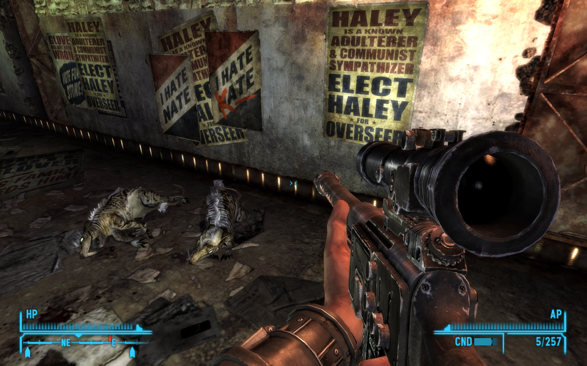 Fallout: New Vegas (Windows) screenshot: Exploring a Vault! Classic Fallout. Note the funny political ads. I don't think this sniper rifle is the best choice for the corridor...