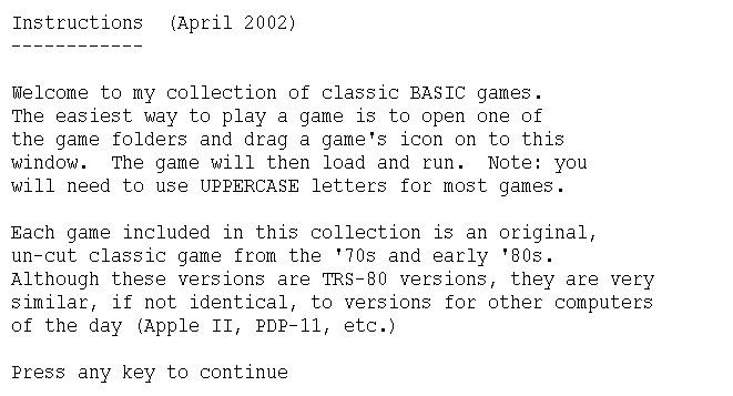 Classic BASIC Games (Windows) screenshot: Instructions how to use the program.