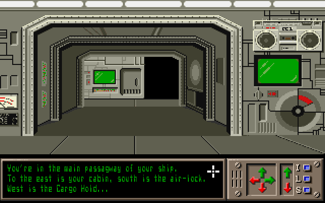 Sex Vixens From Space (Amiga) screenshot: Your're in the main passageway of your ship. What now?