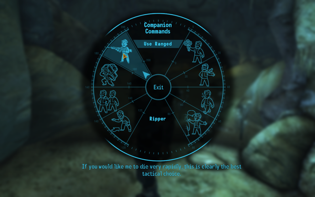 Fallout: New Vegas (Windows) screenshot: Companion interaction menu. Tell them what to do, and they might just reply with a sarcastic comment