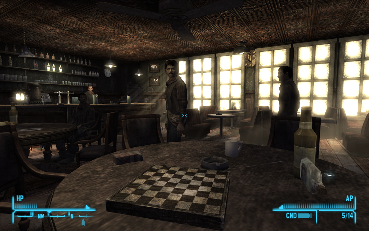 Fallout: New Vegas (Windows) screenshot: I don't know why, but this scene in an ordinary quiet saloon, chess and all, seems cozily artistic to me