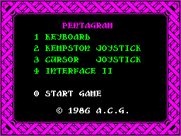 Pentagram (ZX Spectrum) screenshot: Main menu