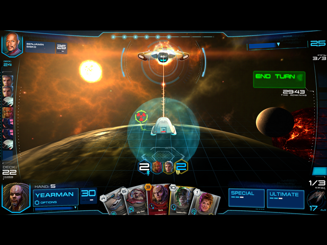 Star Trek: Adversaries (iPad) screenshot: The enemy flagship is taking -2 damage. You'll win the game when Sisko's flagship HP is down to zero.
