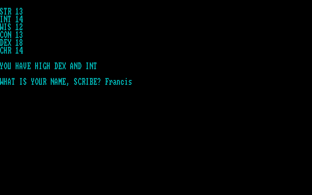 Heathkit DND (DOS) screenshot: Creating a new character.