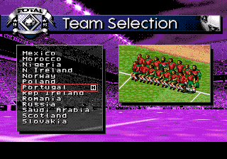 Total Football (Genesis) screenshot: The colourful team selection