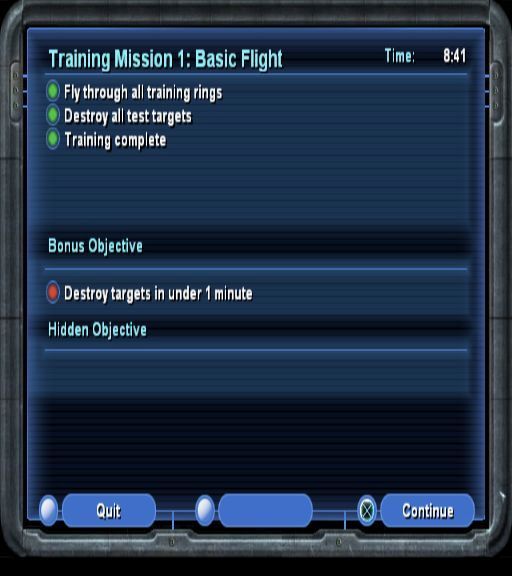 Star Wars: Jedi Starfighter (PlayStation 2) screenshot: Training mission one. the end of mission score sheet. The bonus objective was not unlocked