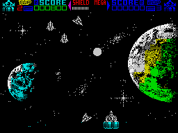 Mega Phoenix (ZX Spectrum) screenshot: One comes down towards me