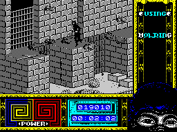 Ninja Remix (ZX Spectrum) screenshot: Level 1, "The Park": <i>Bō</i>.<br> The ancient martial art weapon waits him at the last platform.