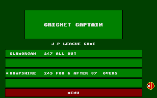 Cricket Captain (Atari ST) screenshot: Hampshire win by 4 wickets, in an unusually high-scoring game