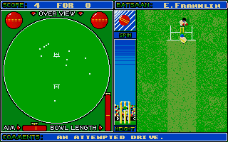Cricket Captain (Atari ST) screenshot: Played and missed - good job it wasn't aimed directly at the stumps