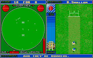 Cricket Captain (Atari ST) screenshot: Getting between the wickets adds a run to the score, and swaps who faces the next shot