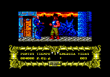 After the War (Amstrad CPC) screenshot: Use some good moves or you'll be strangled to dead