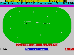Cricket Captain (ZX Spectrum) screenshot: Leg before wicket this time