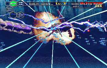 Thunder Force V: Perfect System (SEGA Saturn) screenshot: Nice pyrotechnics courtesy of dying Leviathan.