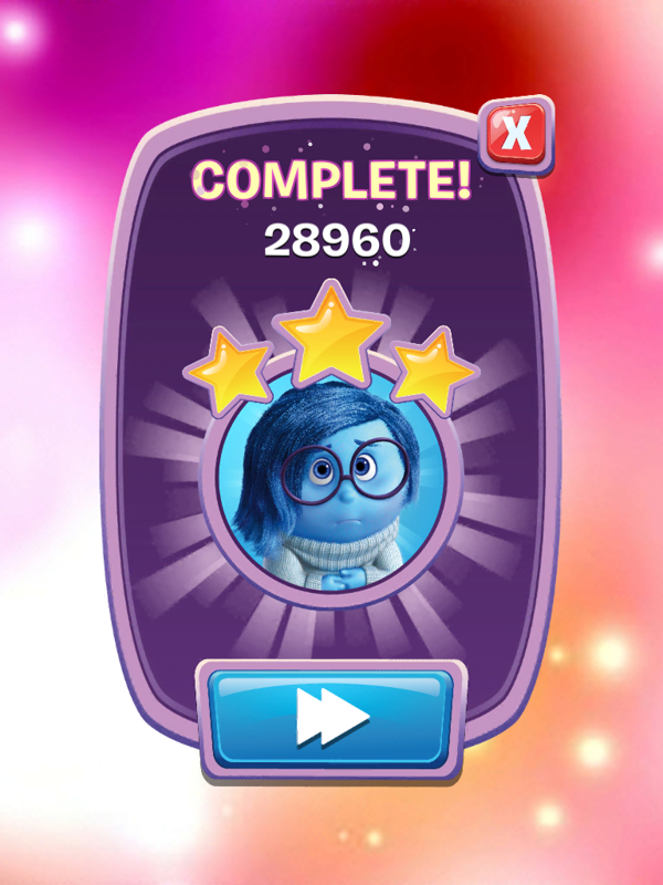 Inside Out: Thought Bubbles (iPad) screenshot: After level stats with Sadness