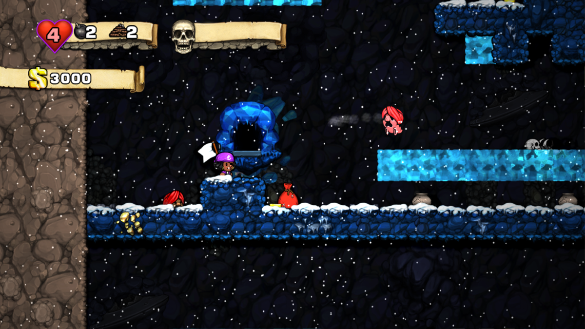 Spelunky (Windows) screenshot: Two-payer co-op. When a player dies he can still float around as a ghost and influence things slightly (by blowing at them)