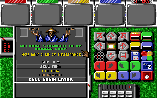 Captive (Amiga) screenshot: The shop interface, different shops will have different inventories so visit them all