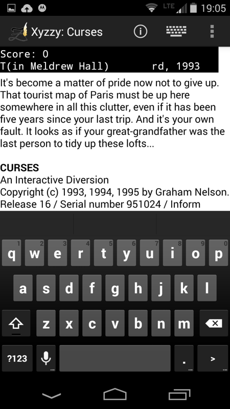 Xyzzy (Android) screenshot: Curses start screen w/ on-screen keyboard.