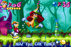 Rayman: 10th Anniversary (Game Boy Advance) screenshot: Thanks to Betilla the Fairy, Rayman will be powered-up with different abilities!