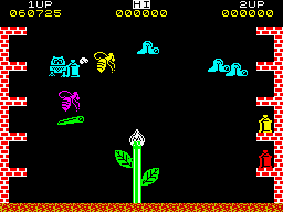 Pssst (ZX Spectrum) screenshot: Freezing the wasp group with a cyan can (for caterpillars).