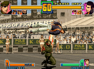 The King of Fighters 2001 (Neo Geo) screenshot: Practice Mode session with Heidern executing accurately his Killing Bringer against Robert Garcia.
