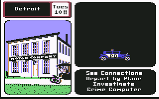 Where in the U.S.A. Is Carmen Sandiego? (Commodore 64) screenshot: Police car cruising by
