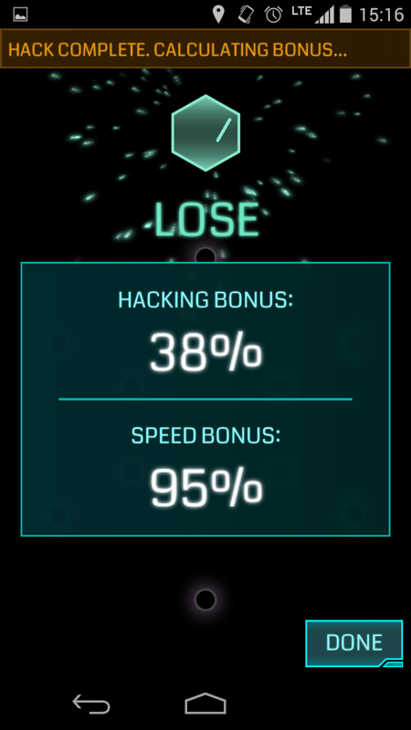 Ingress (Android) screenshot: Succeeding at the easiest glyph minigame in history