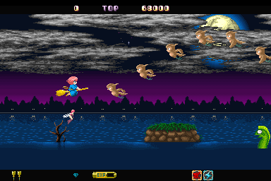 Fantastic Night Dreams: Cotton (Sharp X68000) screenshot: This Sharp X68000 version is an enhanced port, note the large translucent clouds and additional parallax scrolling on the water not present in the arcade original