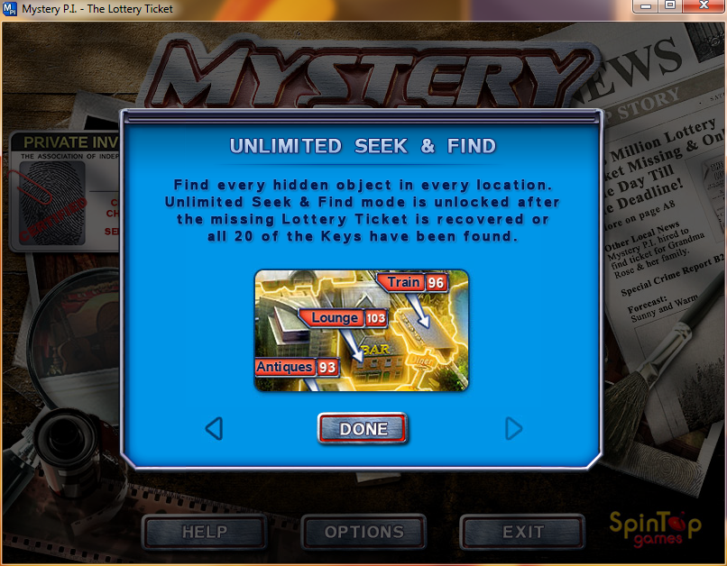 Mystery P.I.: The Lottery Ticket (Windows) screenshot: A player help function can be accessed from the main menu. It consists of four simple screens like this<br>here the player is being told how to unlock the bonus content