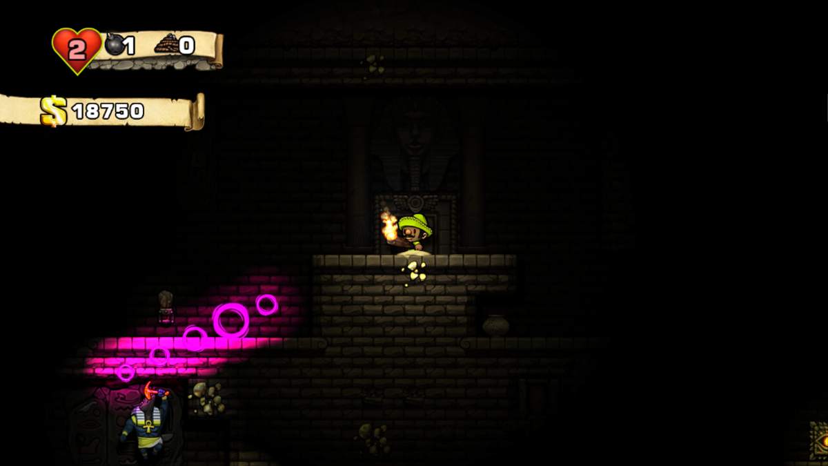 Spelunky (Windows) screenshot: The Temple. And it's dark (happens occasionally), so I'd better carry a torch