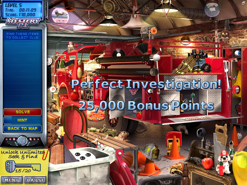 Mystery P.I.: The Lottery Ticket (Windows) screenshot: Finding every item with no assistance can result in a 'Perfect Investigation bonus
