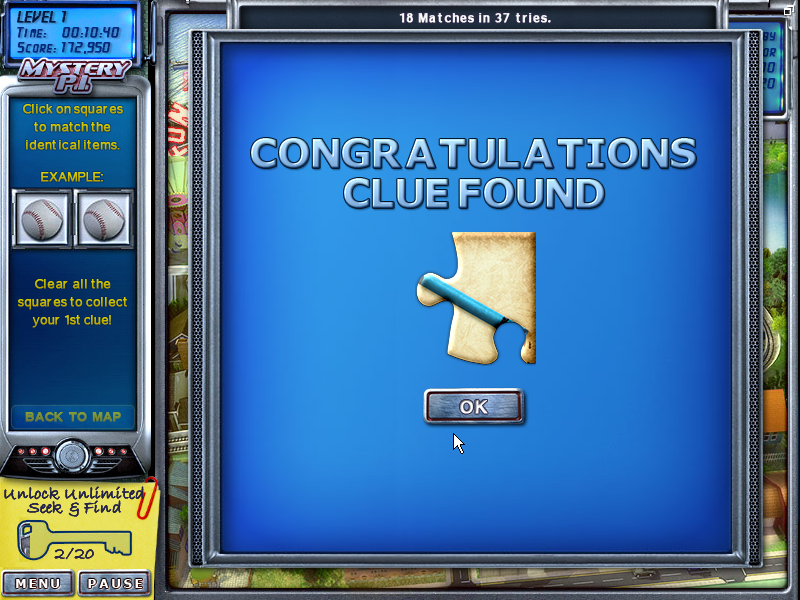 Mystery P.I.: The Lottery Ticket (Windows) screenshot: After solving one of the mini puzzles the player is rewarded with a clue