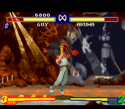Street Fighter Alpha 2 (SNES) screenshot: Guy starts a counterattack over Akuma, and through his grabbing move Bushin Izuna Otoshi, he gets.