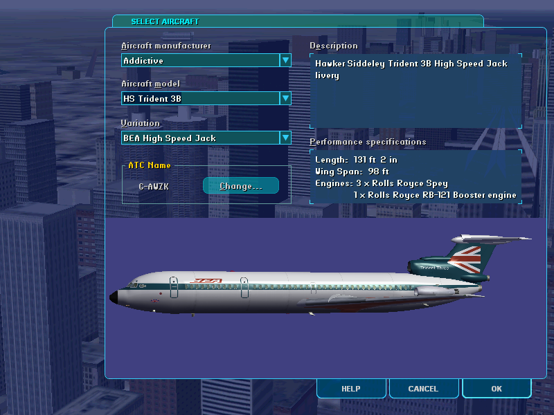 Trident (Windows) screenshot: Trident 3B: BEA Livery 'High Speed Jack' (FS2k2)