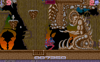 Ork (Amiga) screenshot: The giant alien behind Ku-Kabul is nothing but a statue. Bummer.