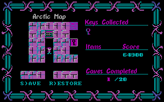 Arctic Adventure (DOS) screenshot: The map. When you've beaten a level, the writing "Done" appears on it
