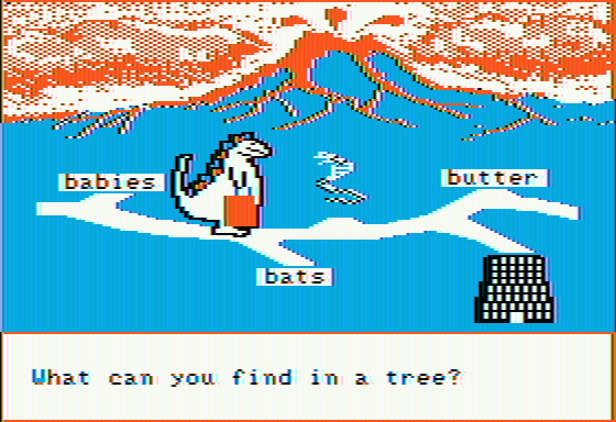 Bagasaurus (Apple II) screenshot: First question. It looks surprisingly dangerous with the volcano there.