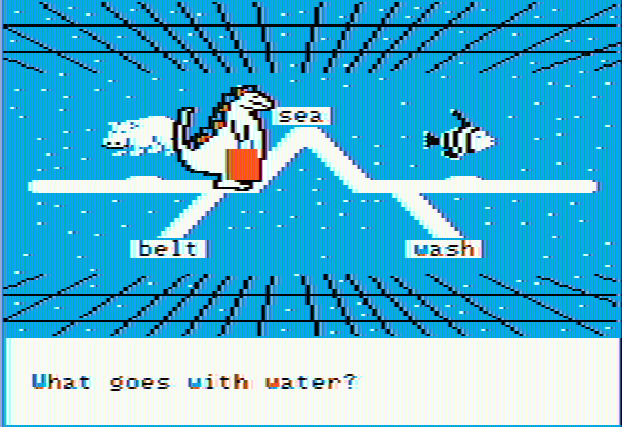 Bagasaurus (Apple II) screenshot: A question concerning water, and appropriately there's a lot of blue here