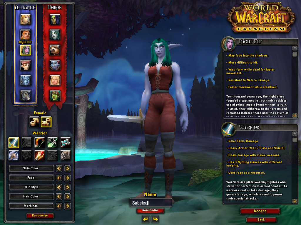 World of WarCraft: Cataclysm (Windows) screenshot: Creating a night elf character.