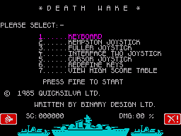 Death Wake (ZX Spectrum) screenshot: Main menu