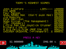 Death Wake (ZX Spectrum) screenshot: High score table